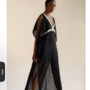 Fara Dress Fresh Kaftan Size M-L  Black Beige Detail Maxi100% Raw Silk NWT